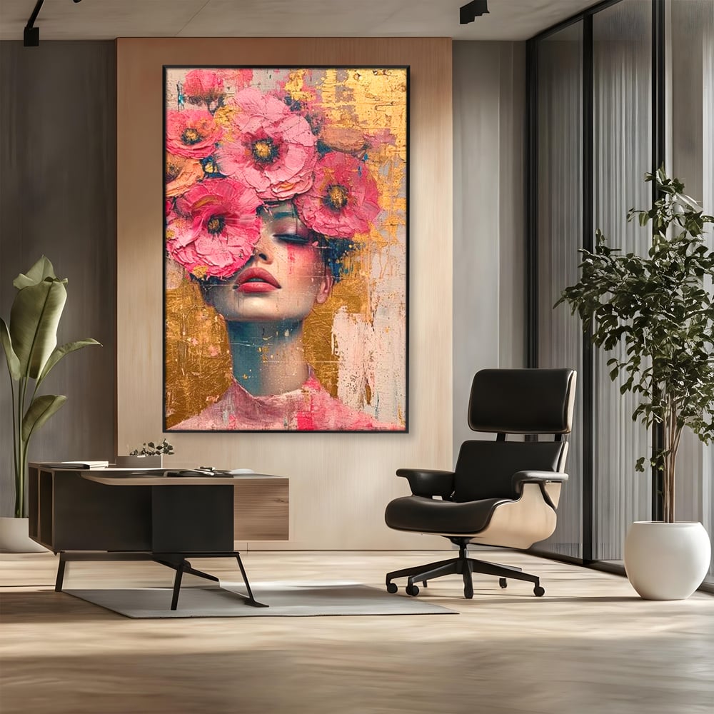 Tablou canvas cu tablou canvas cu portret de femeie si flori roz, in rama de aluminiu negru, pe perete intr-un birou